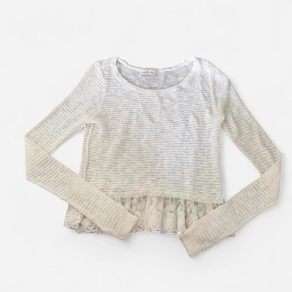 2000s Abercrombie & Fitch Romantic White Lace Long Sleeve Knit Babydoll Top Sz S